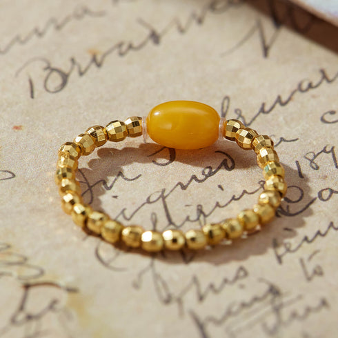 Gold - Beaded Yellow Agate Luck Ring | Prosperity & Vitality