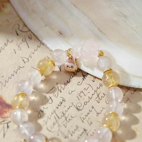 Rose Quartz & Rutilated Quartz Bunny Bracelet | Love & Prosperity