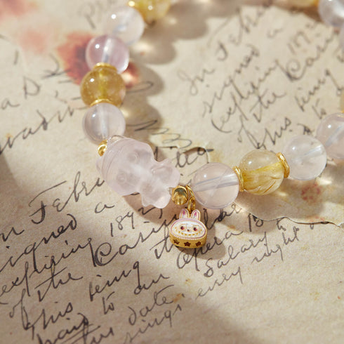 Rose Quartz & Rutilated Quartz Bunny Bracelet | Love & Prosperity