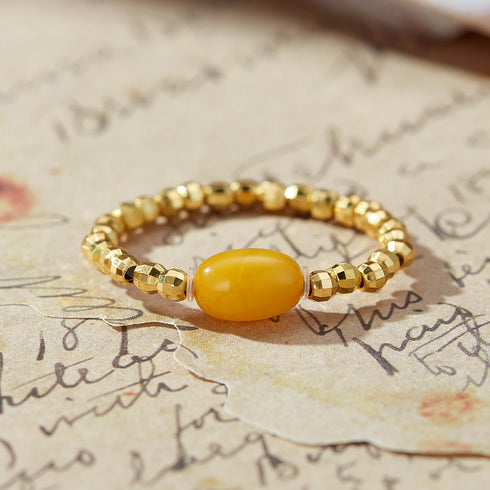 Gold - Beaded Yellow Agate Luck Ring | Prosperity & Vitality