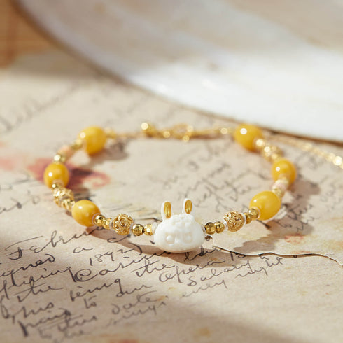 Citrine & White Bunny Charm Bracelet | Prosperity & Luck