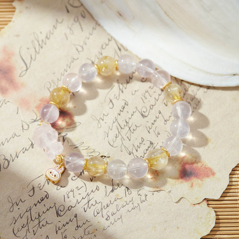 Rose Quartz & Rutilated Quartz Bunny Bracelet | Love & Prosperity