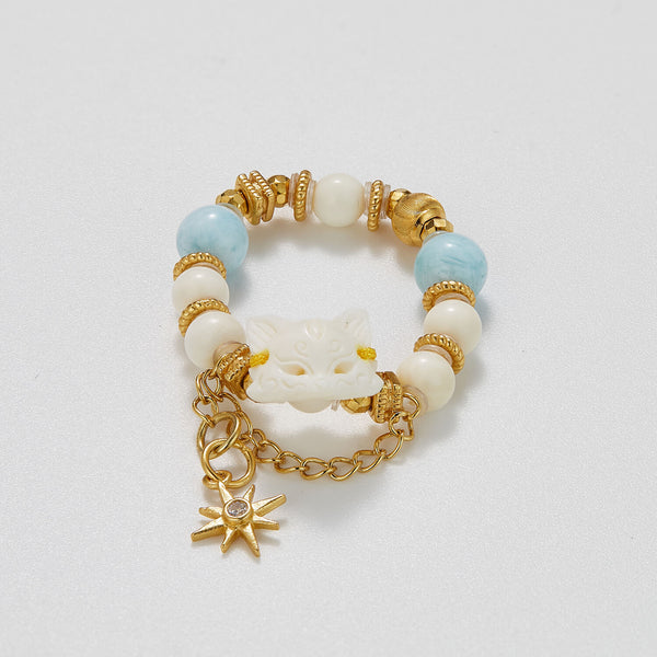 Larimar & White Bead Ring with Fox Charm | Luck + Serenity