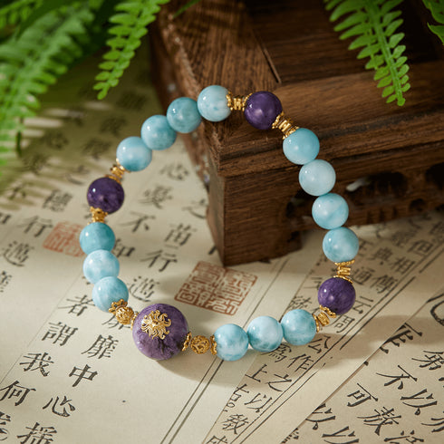 Larimar & Purple Gem Sunburst Bracelet | Energy & Serenity