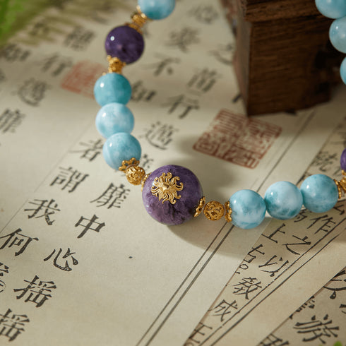 Larimar & Purple Gem Sunburst Bracelet | Energy & Serenity