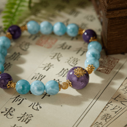 Larimar & Purple Gem Sunburst Bracelet | Energy & Serenity