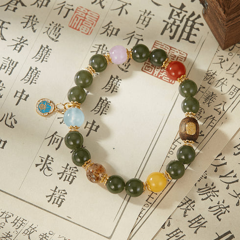 Multi - Gemstone Harmony Bracelet with Green Jade & Lucky Charm | Energy & Serenity