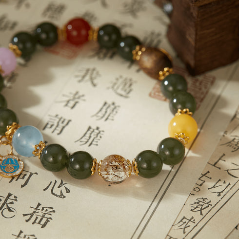 Multi - Gemstone Harmony Bracelet with Green Jade & Lucky Charm | Energy & Serenity