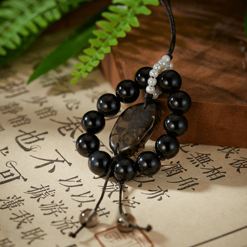 Black Obsidian & Carved Crystal Luck Phone Charm | Energy & Protection