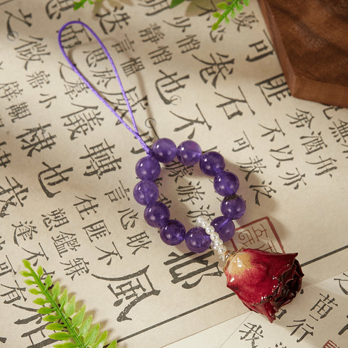 Natural Amethyst & Preserved Flower Phone Charm | Love & Serenity