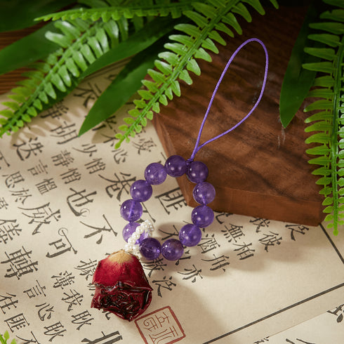 Natural Amethyst & Preserved Flower Phone Charm | Love & Serenity