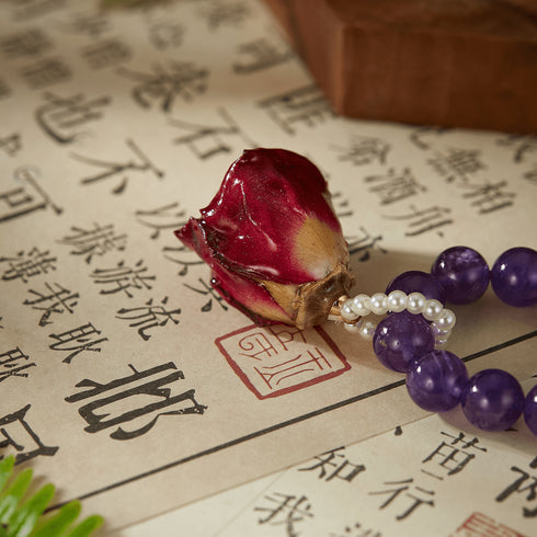 Natural Amethyst & Preserved Flower Phone Charm | Love & Serenity