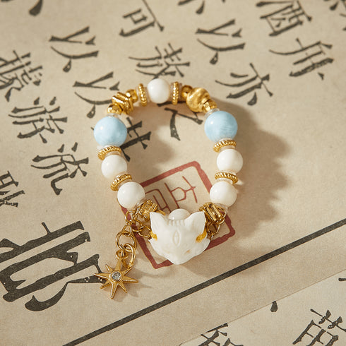 Larimar & White Bead Ring with Fox Charm | Luck + Serenity