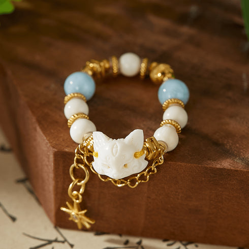 Larimar & White Bead Ring with Fox Charm | Luck + Serenity