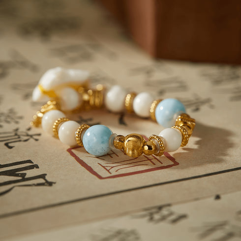 Larimar & White Bead Ring with Fox Charm | Luck + Serenity