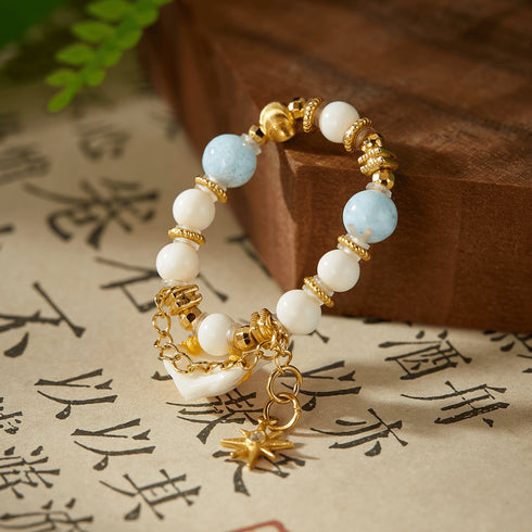 Larimar & White Bead Ring with Fox Charm | Luck + Serenity